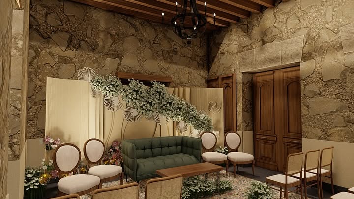 Salón lounge con muros de piedra